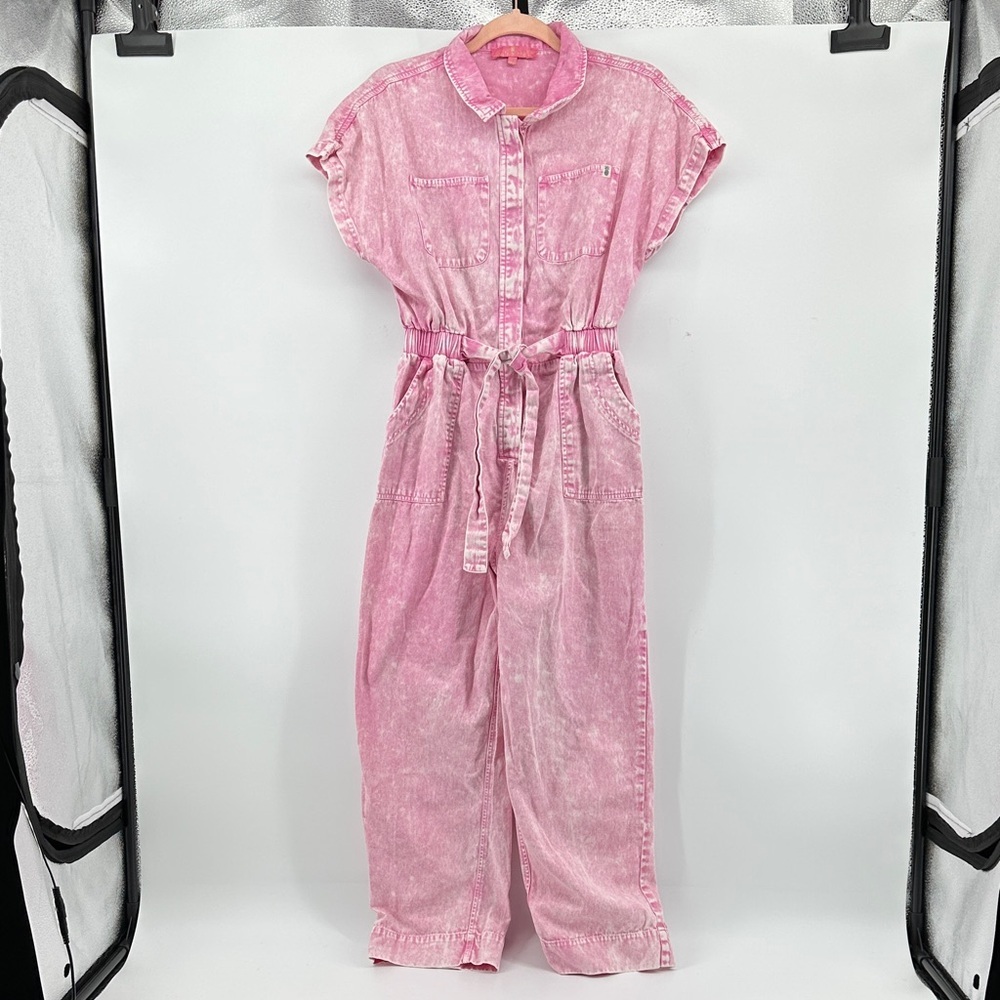 Simply Southern Barbie Retro Effortless Utility Light Pink Denim Jumpsuit SzS